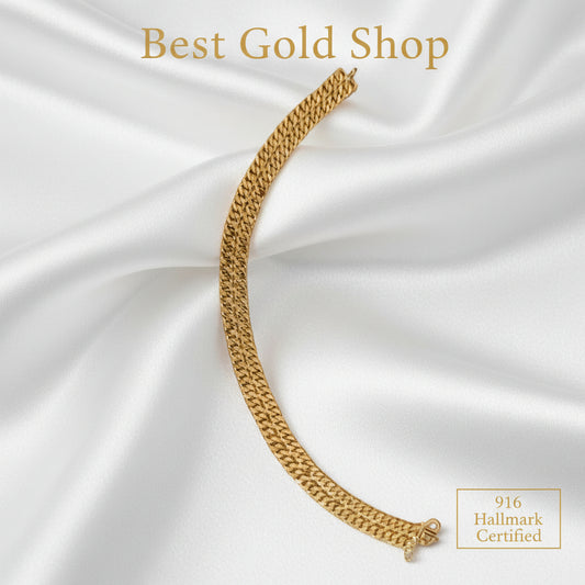 Detailed view of polished 22K gold Double Cowboy bracelet links.