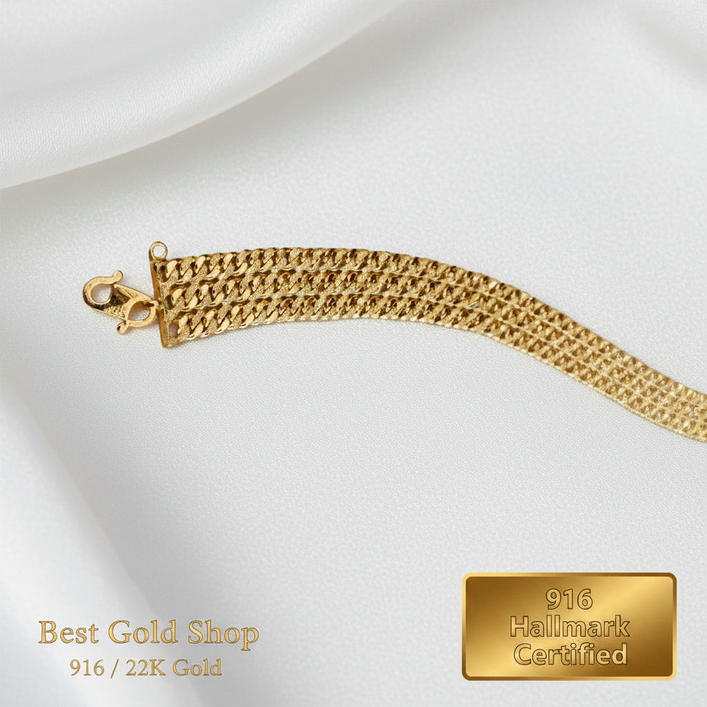 Close-up texture of polished 22K Gold Triplet Cowboy bracelet links.