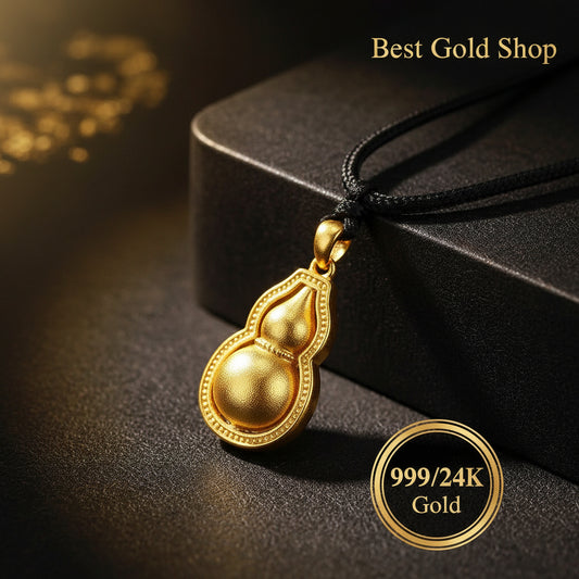 24K / 999 Gold Bottle Gourd Pendant with Black String - 24k gold 24k gold Pendant 999 gold Charms & Pendants