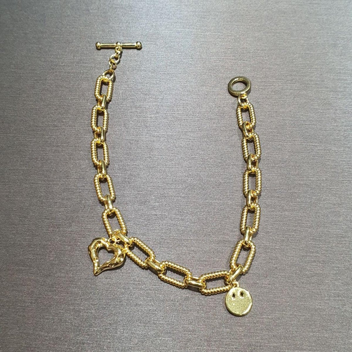 24k / 999 Gold Chain Link Dangling heart and smiling face Bracelet - Best Gold Shop 24k gold 24k gold bracelet 999 gold Bracelets