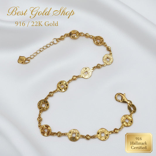 Adjustable 916 gold round motif bracelet laid open
