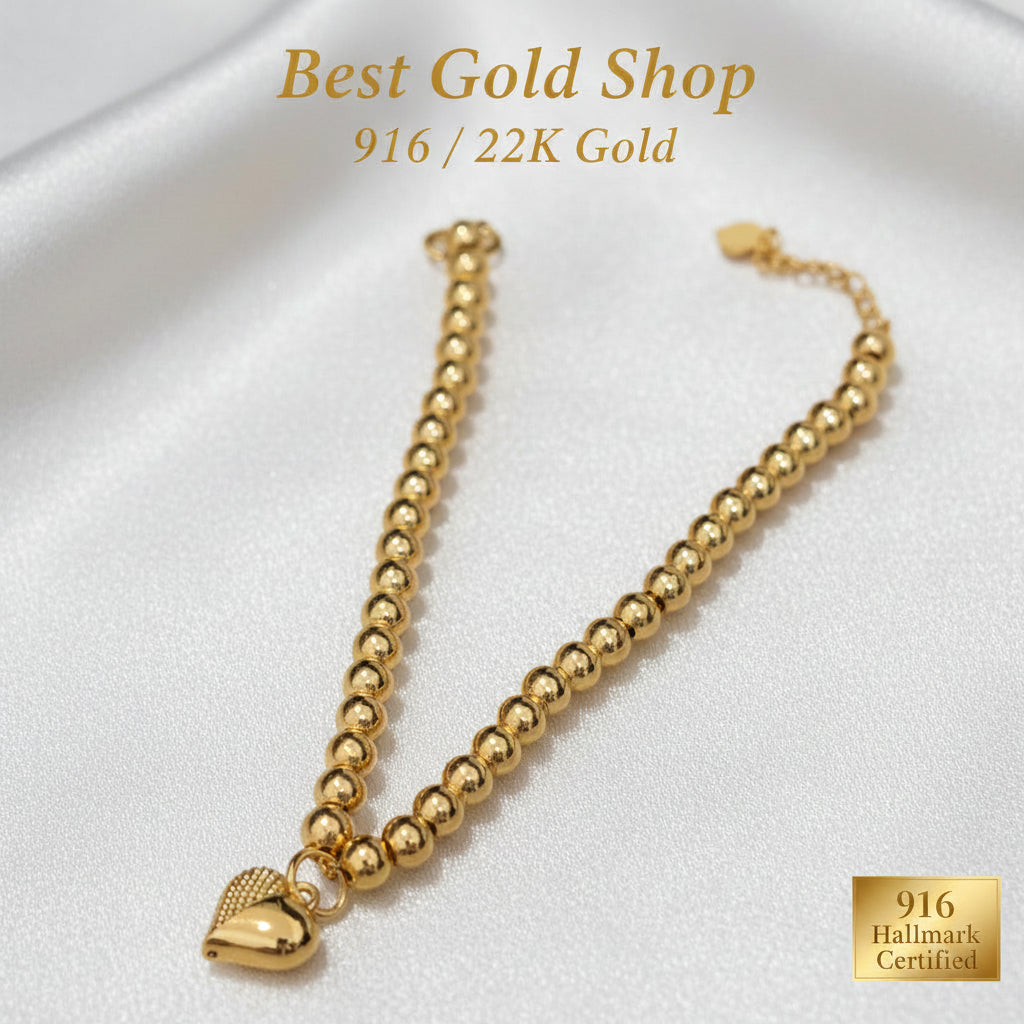 916 Gold Bead Bracelet With Dangling Diamond Cut Heart V2 Feather LightBraceletsBest Gold Shop