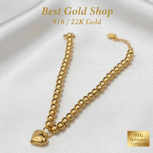 916 Gold Bead Bracelet With Dangling Diamond Cut Heart V2 Feather LightBraceletsBest Gold Shop