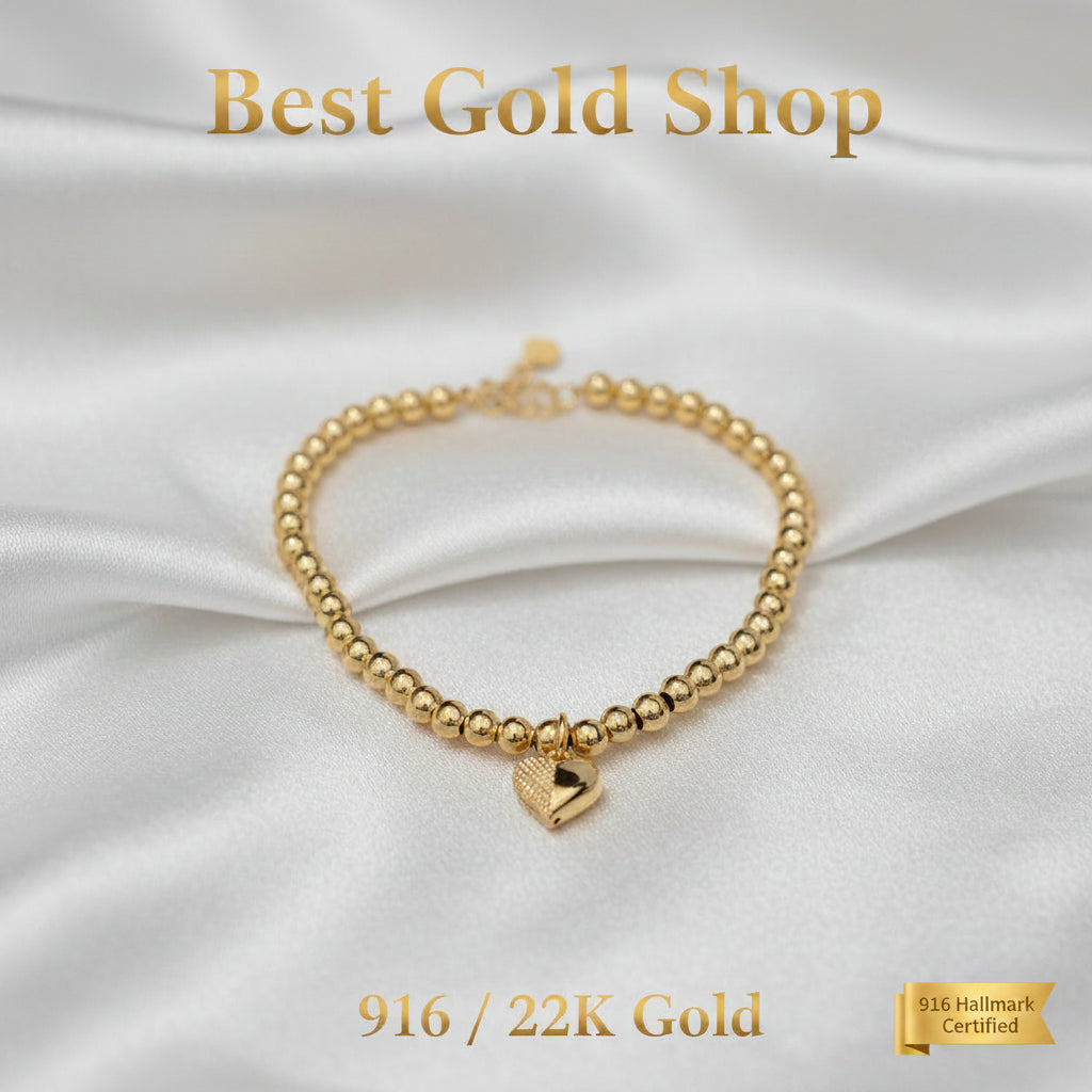 916 Gold Bead Bracelet With Dangling Diamond Cut Heart V2 Feather LightBraceletsBest Gold Shop