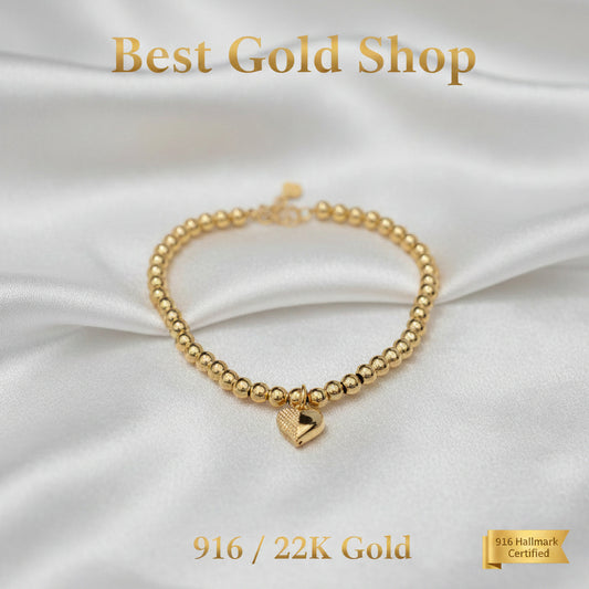 916 Gold Bead Bracelet With Dangling Diamond Cut Heart V2 Feather LightBraceletsBest Gold Shop