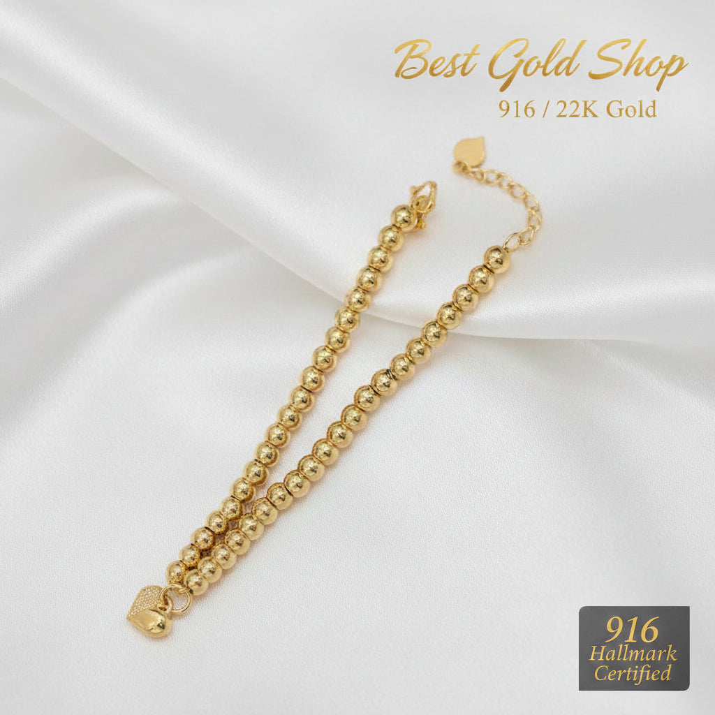 916 Gold Bead Bracelet With Dangling Diamond Cut Heart V2 Feather LightBraceletsBest Gold Shop