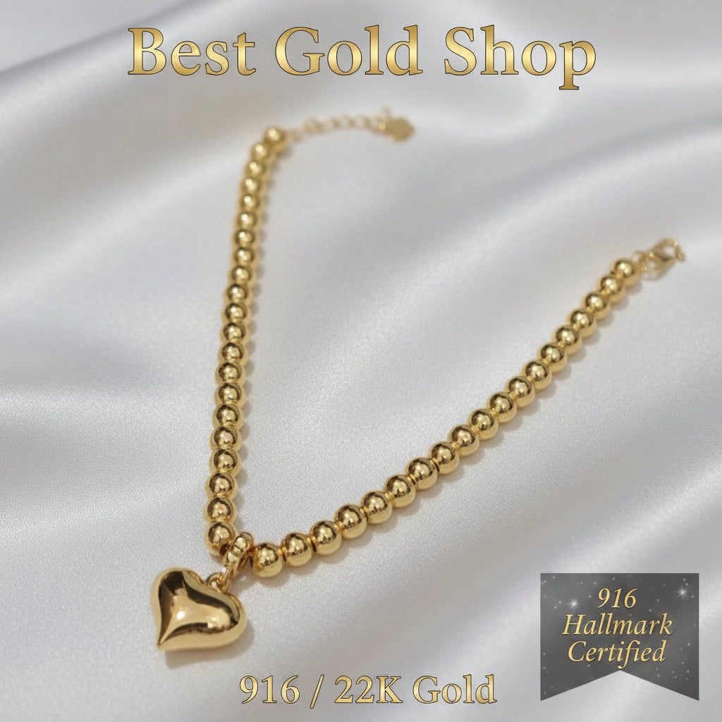 916 Gold Bead Bracelet with dangling Shiny Heart V1 Feather LightBraceletsBest Gold Shop