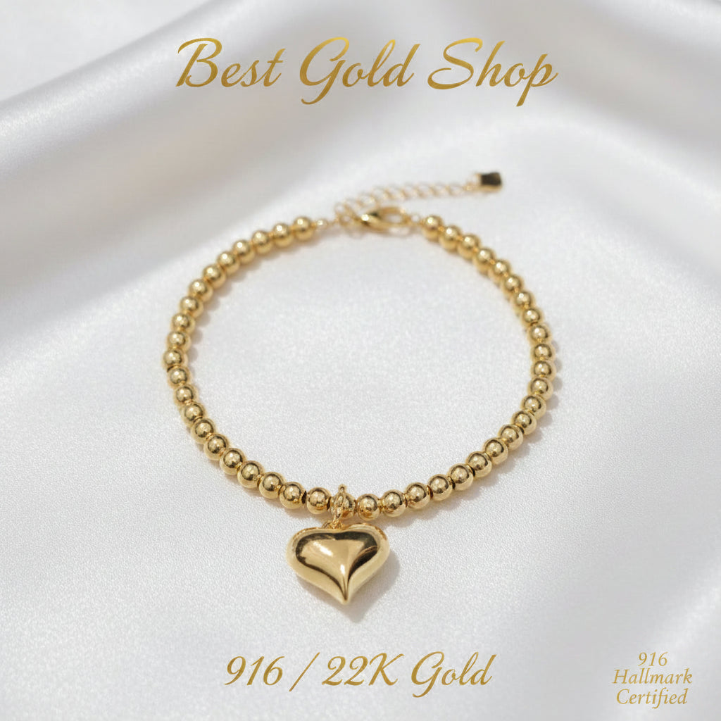 916 Gold Bead Bracelet with dangling Shiny Heart V1 Feather LightBraceletsBest Gold Shop