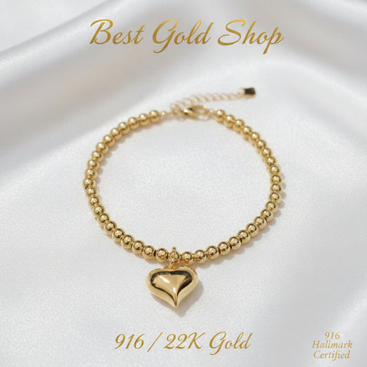 916 Gold Bead Bracelet with dangling Shiny Heart V1 Feather LightBraceletsBest Gold Shop