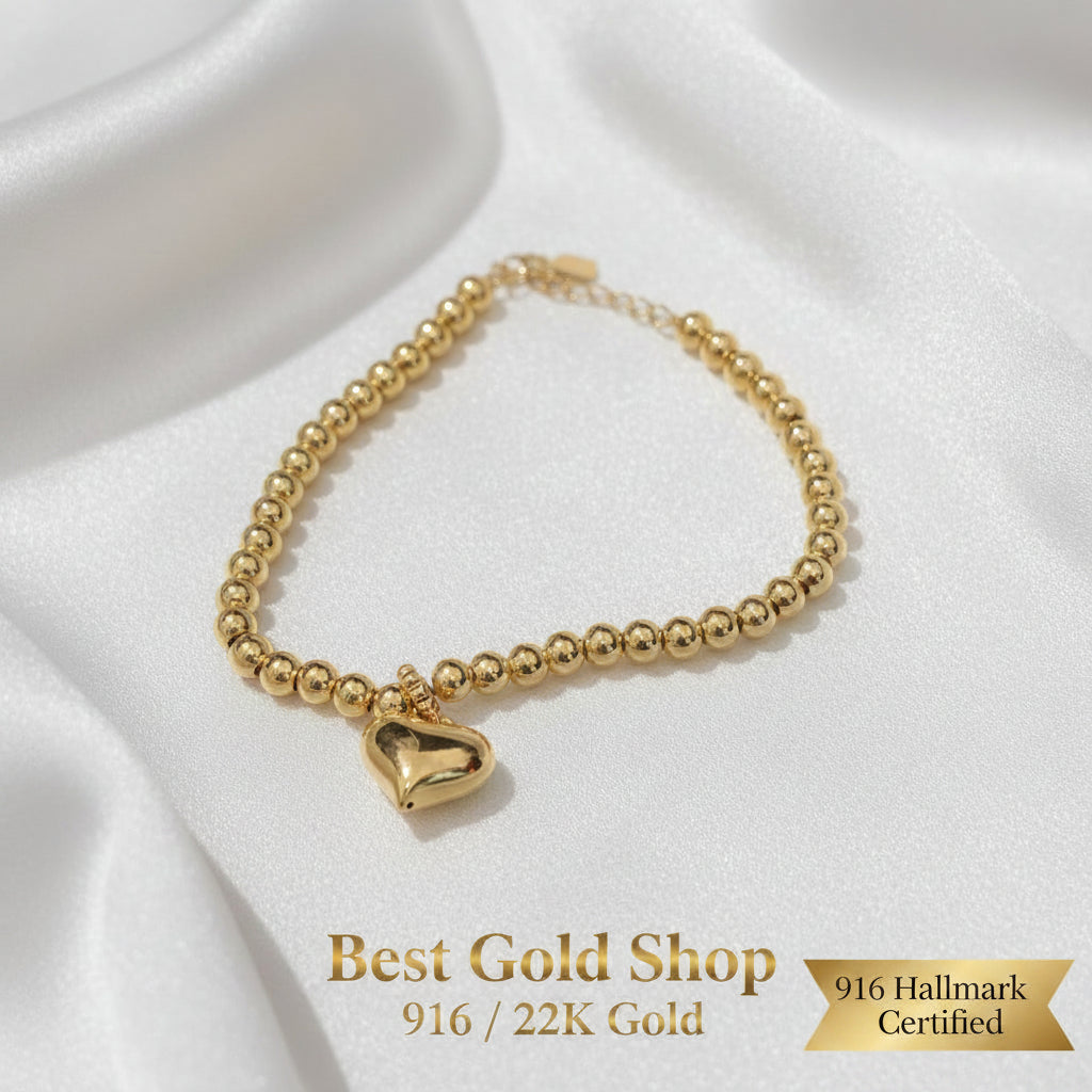 916 Gold Bead Bracelet with dangling Shiny Heart V1 Feather LightBraceletsBest Gold Shop