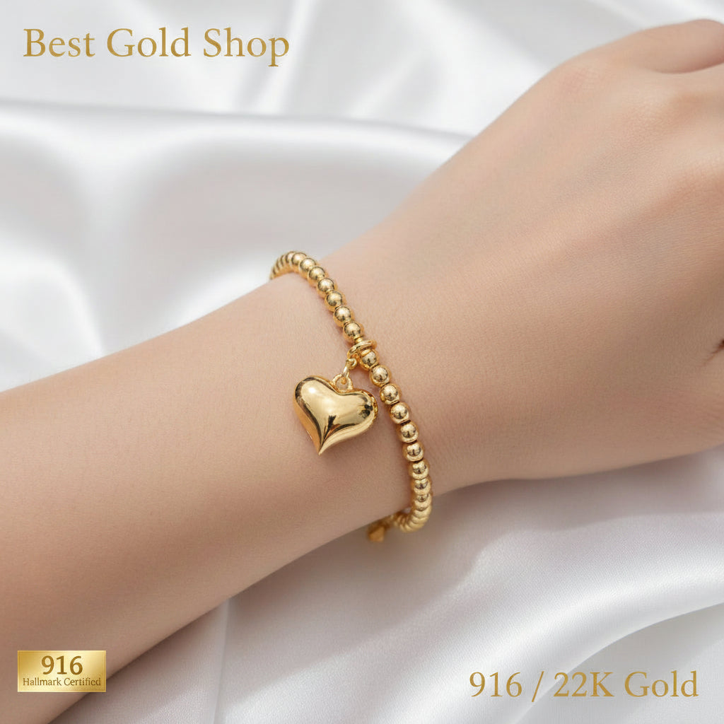 916 Gold Bead Bracelet with dangling Shiny Heart V1 Feather LightBraceletsBest Gold Shop