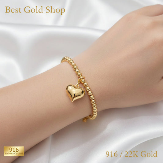 916 Gold Bead Bracelet with dangling Shiny Heart V1 Feather LightBraceletsBest Gold Shop