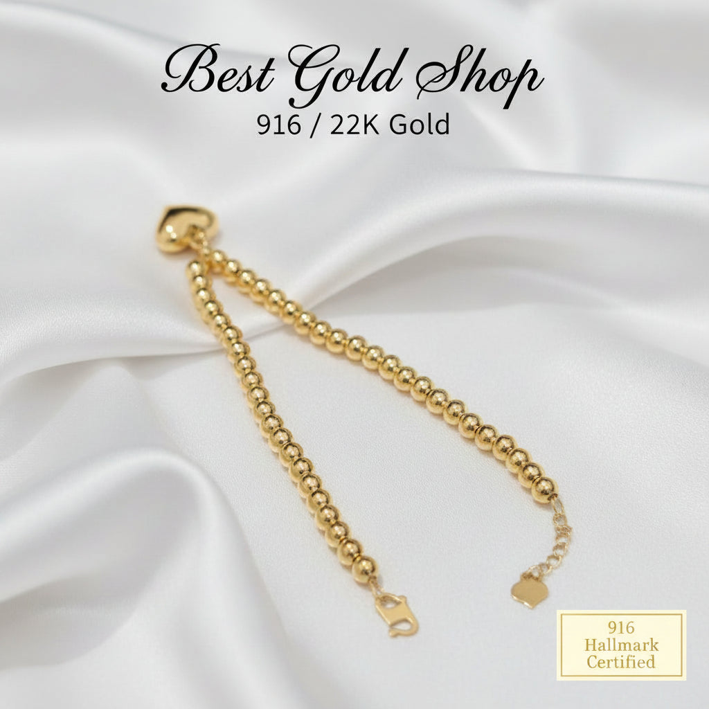 916 Gold Bead Bracelet with dangling Shiny Heart V1 Feather LightBraceletsBest Gold Shop