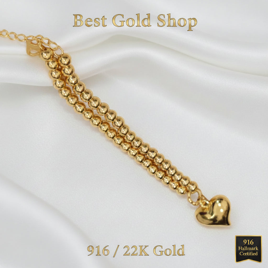 916 Gold Bead Bracelet with dangling Shiny Heart V1 Feather LightBraceletsBest Gold Shop