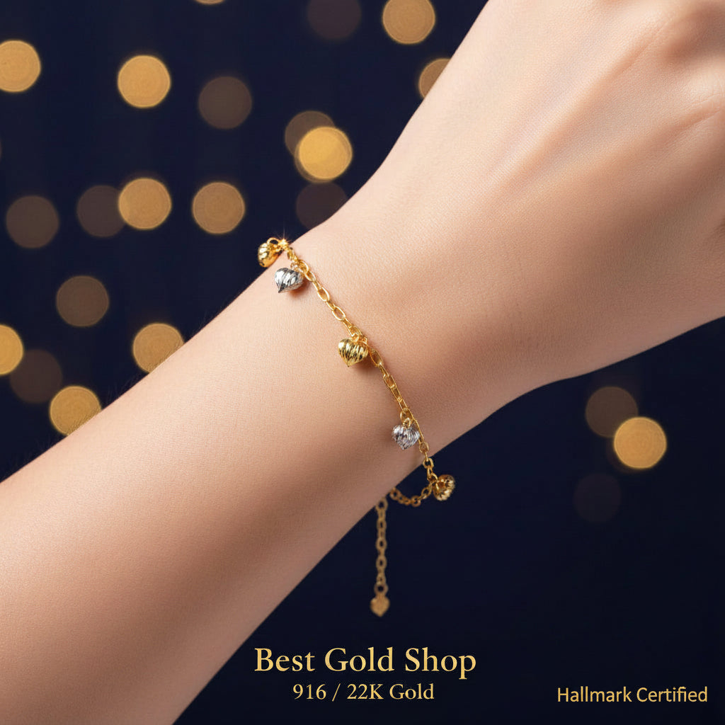 916 Gold Bracelet Wan Zi Dangling Heart 2 ToneBraceletsBest Gold Shop