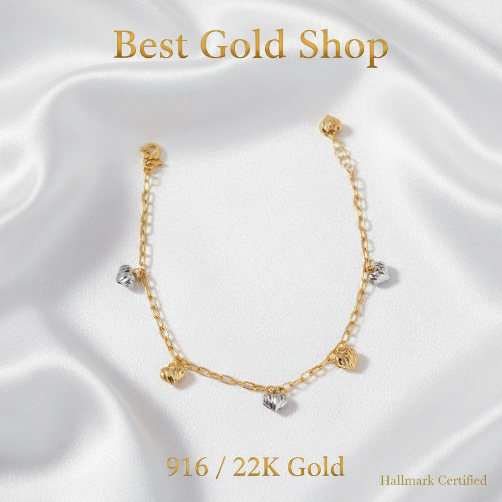 916 Gold Bracelet Wan Zi Dangling Heart 2 ToneBraceletsBest Gold Shop