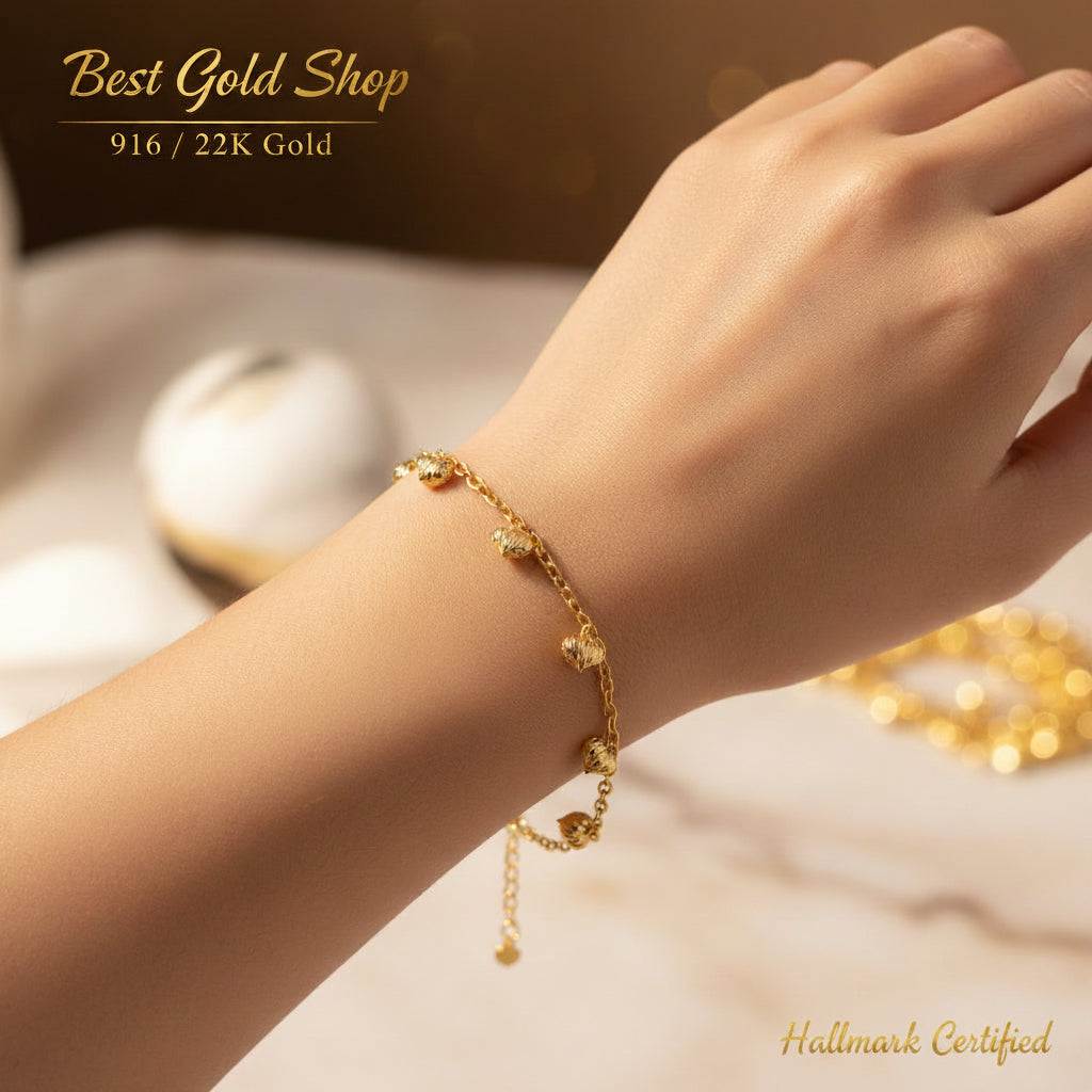 916 Gold Bracelet Wan Zi Dangling HeartBraceletsBest Gold Shop