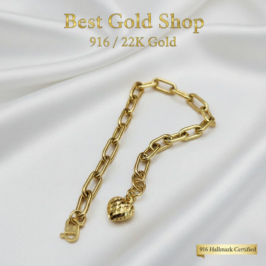 916 Gold Clip Link Bracelet with Dangling HeartBraceletsBest Gold Shop