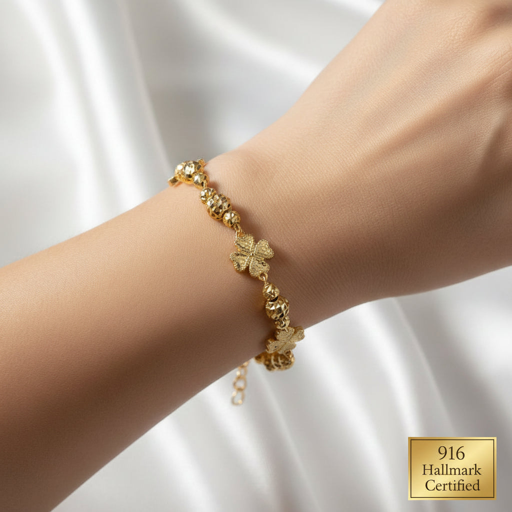 916 Gold Four-Leaf Clover Flower Ball Bracelet | 22K Design