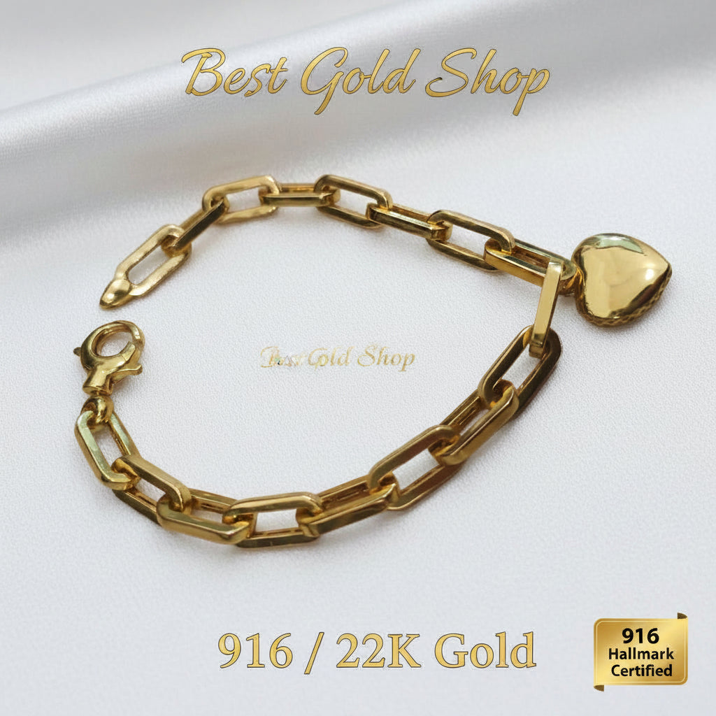 Full view of 916 gold fancy dangling heart bracelet