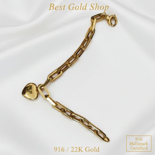 916 gold fancy bracelet with dangling heart charm