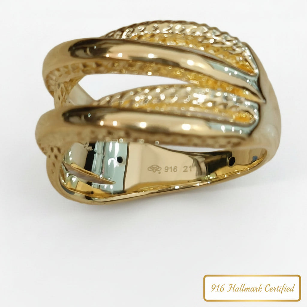 Full view of lightweight 916 gold double cross wide ring