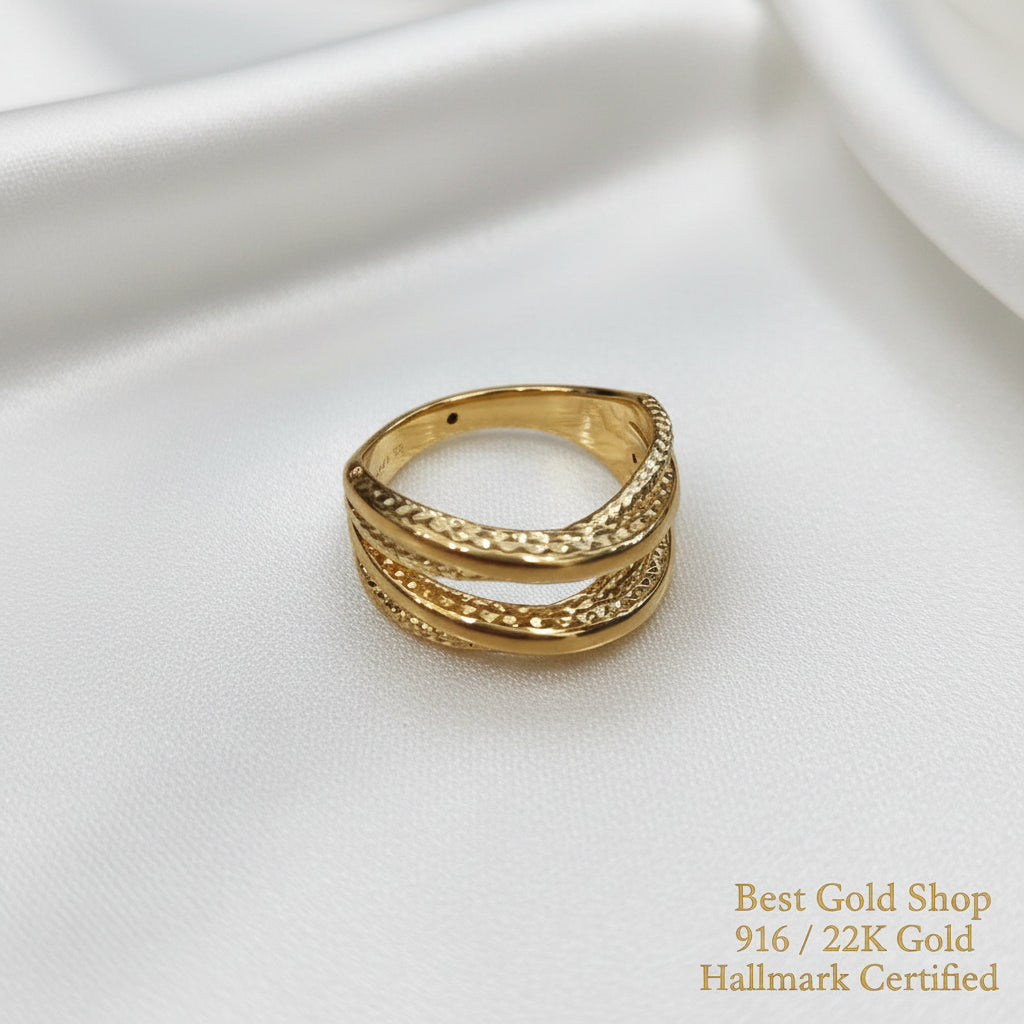 Side view of polished 916 gold double cross wide ring