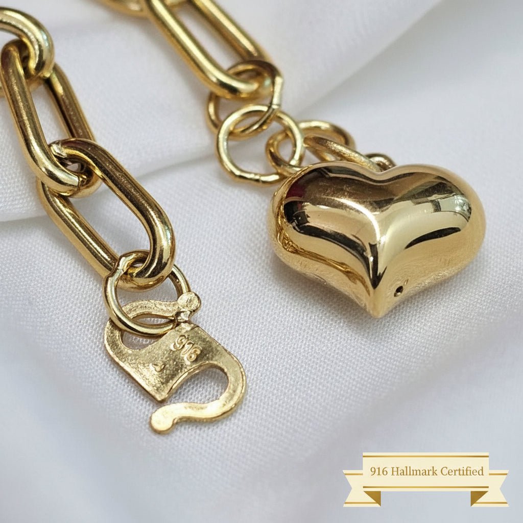 916 Gold Fancy Link Dangling Heart Bracelet V4 Bold and Elegant, Weight 4.63g L17.5-18.5 cm Width 0.5BraceletsBest Gold Shop