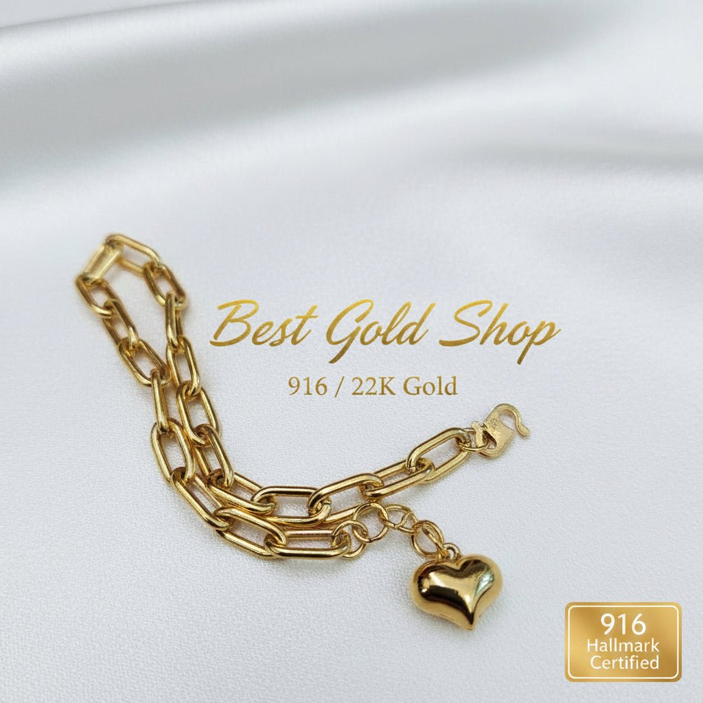 916 Gold Fancy Link Dangling Heart Bracelet V4 Bold and Elegant, Weight 4.63g L17.5-18.5 cm Width 0.5BraceletsBest Gold Shop
