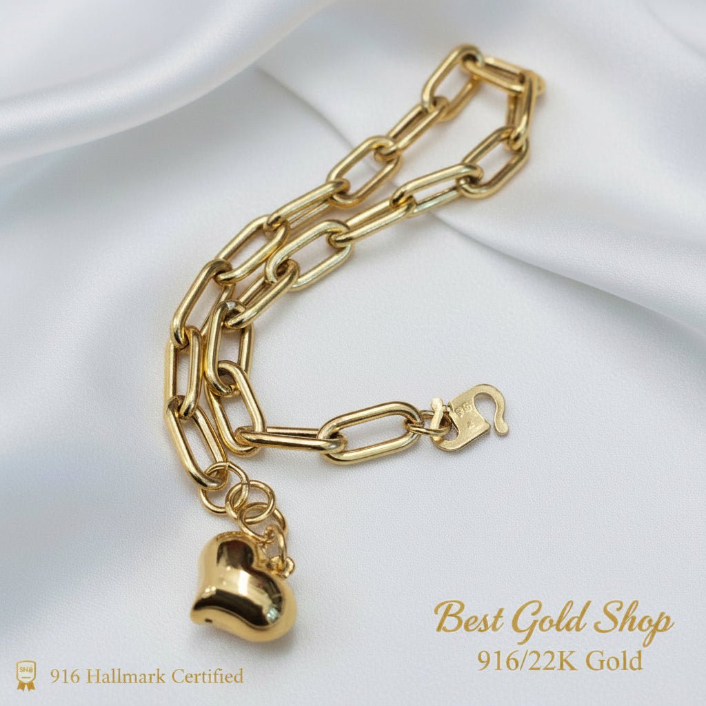 916 Gold Fancy Link Dangling Heart Bracelet V4 Bold and Elegant, Weight 4.63g L17.5-18.5 cm Width 0.5BraceletsBest Gold Shop