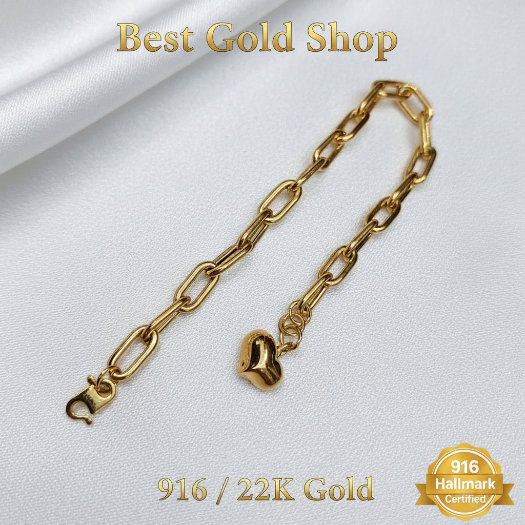 916 Gold Fancy Link Dangling Heart Bracelet V4 Bold and Elegant, Weight 4.63g L17.5-18.5 cm Width 0.5BraceletsBest Gold Shop