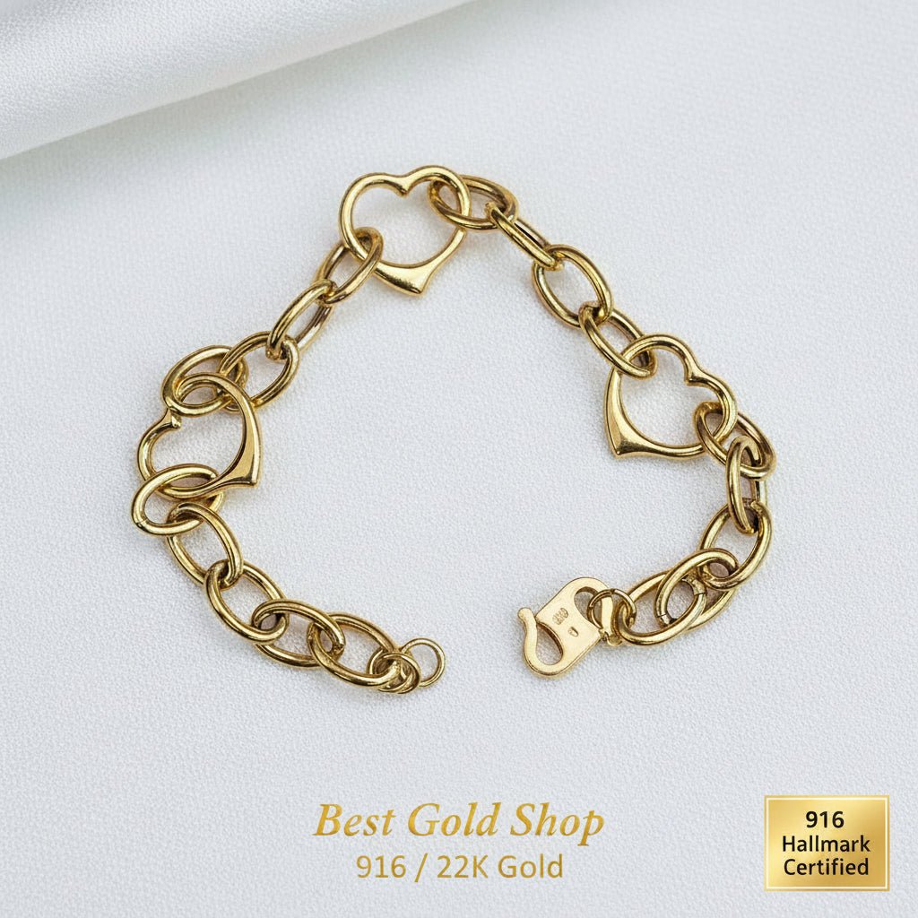 916 Gold Fancy Link Dangling Heart Bracelet V5 Bold and ElegantBraceletsBest Gold Shop