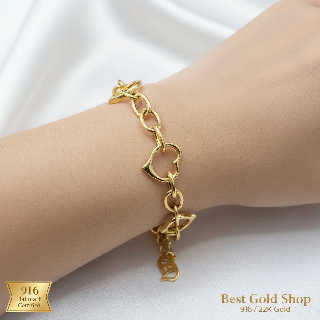 916 Gold Fancy Link Dangling Heart Bracelet V5 Bold and ElegantBraceletsBest Gold Shop