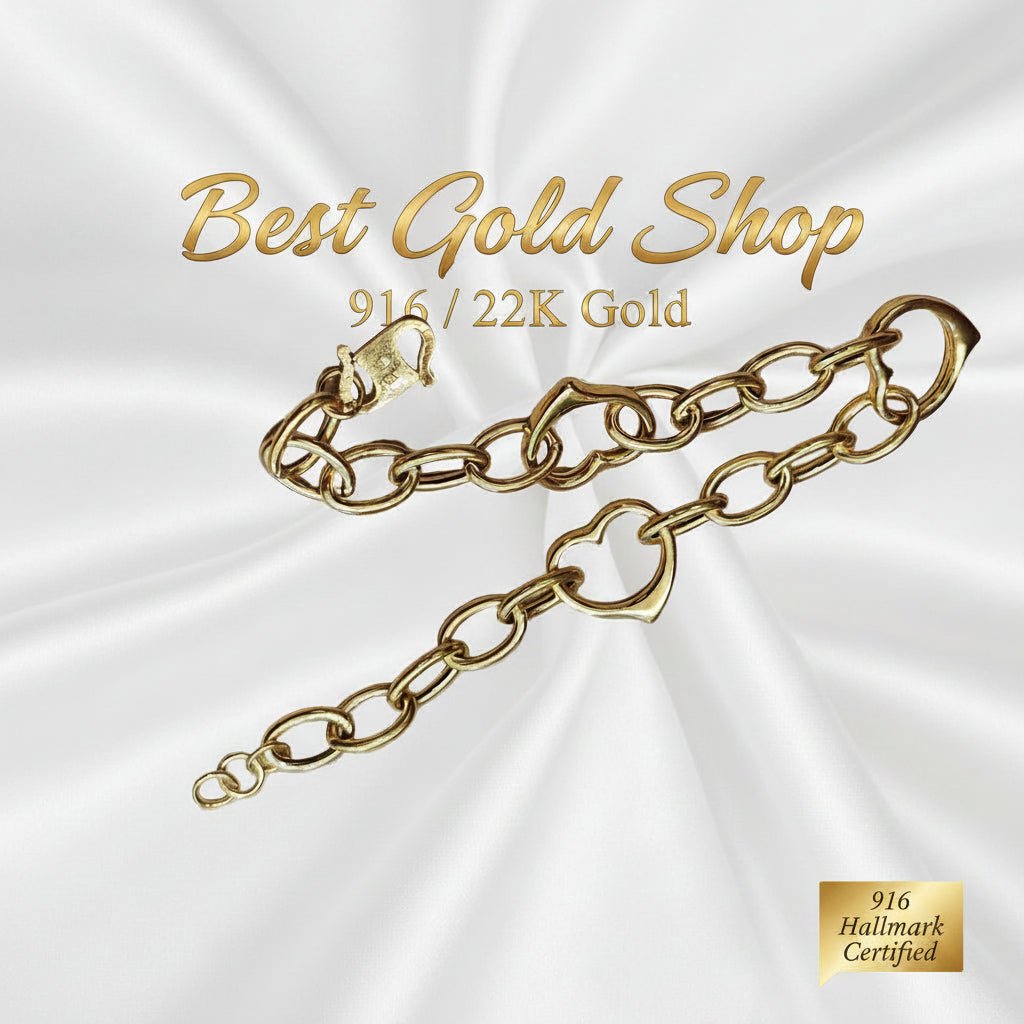 916 Gold Fancy Link Dangling Heart Bracelet V5 Bold and ElegantBraceletsBest Gold Shop