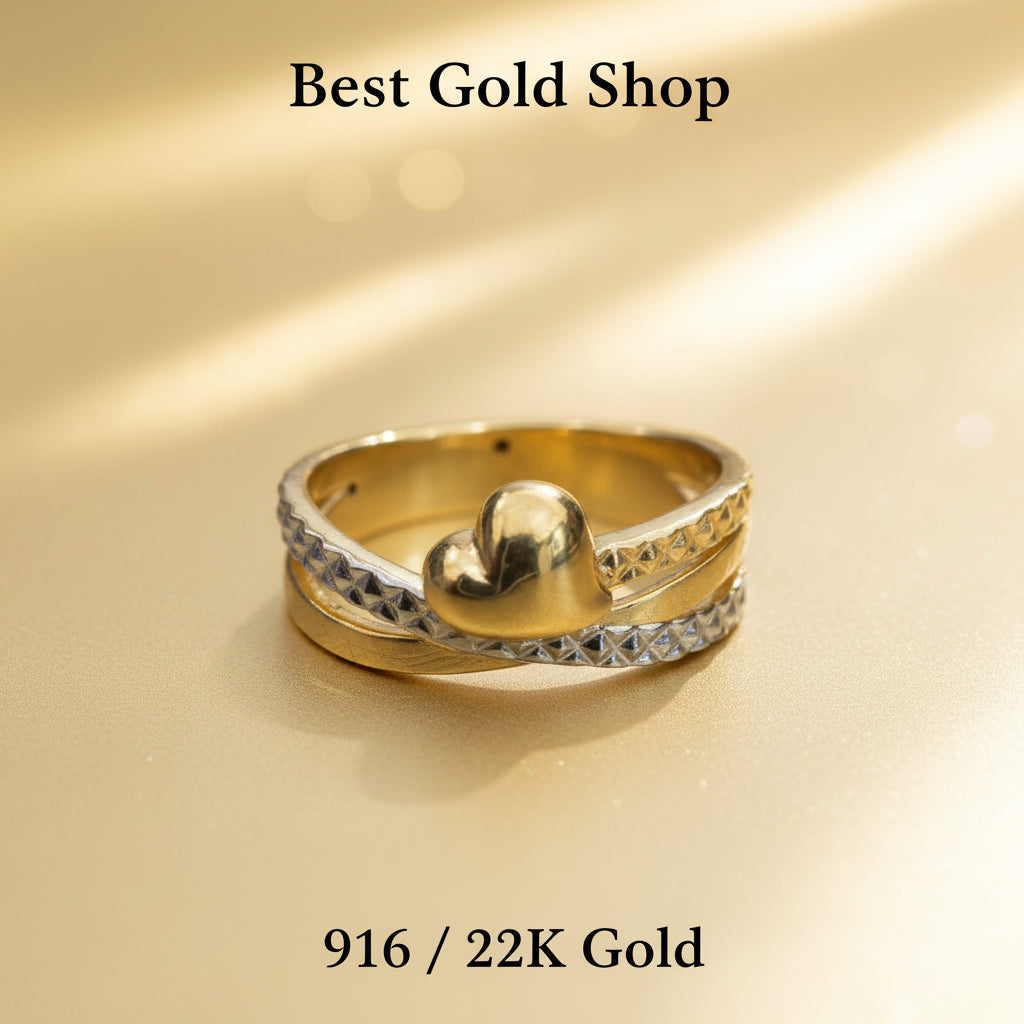 916 Gold (22K) Heart 2 Tone Feather Light V1 Ring for WomenRingsBest Gold Shop