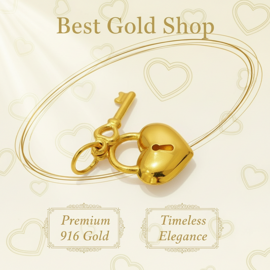 916 Gold Heart Lock with Key Pendant