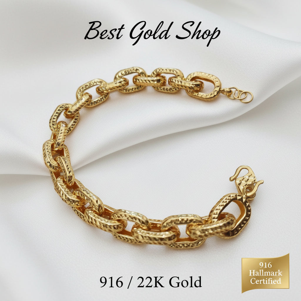 Close-up of 916 gold hollow anchor bracelet diamond-cut links