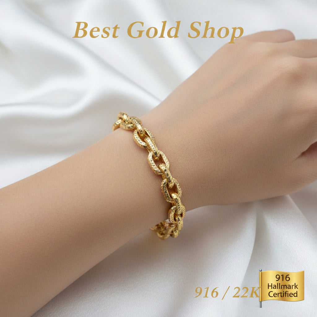 916 gold hollow anchor link bracelet with diamond-cut textured links