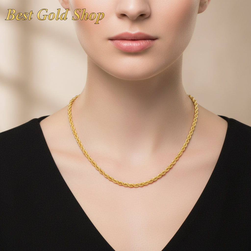 916 Gold Hollow Rope Necklace | Polished 22K Gold Design