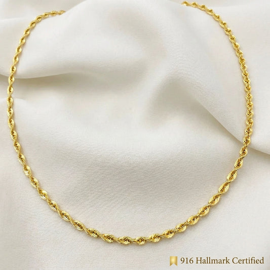 916 Gold Hollow Rope Necklace | Polished 22K Gold Design