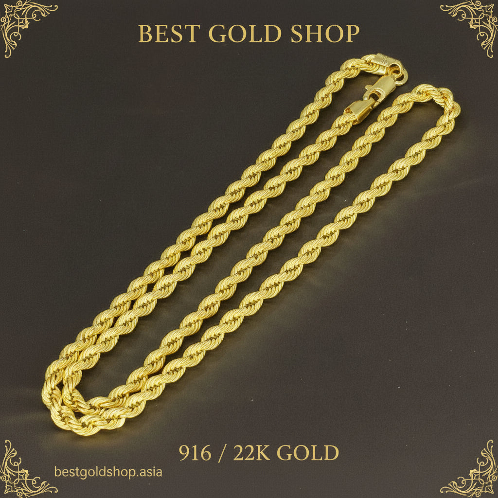 916 Gold Hollow Rope Necklace | Polished 22K Gold Design