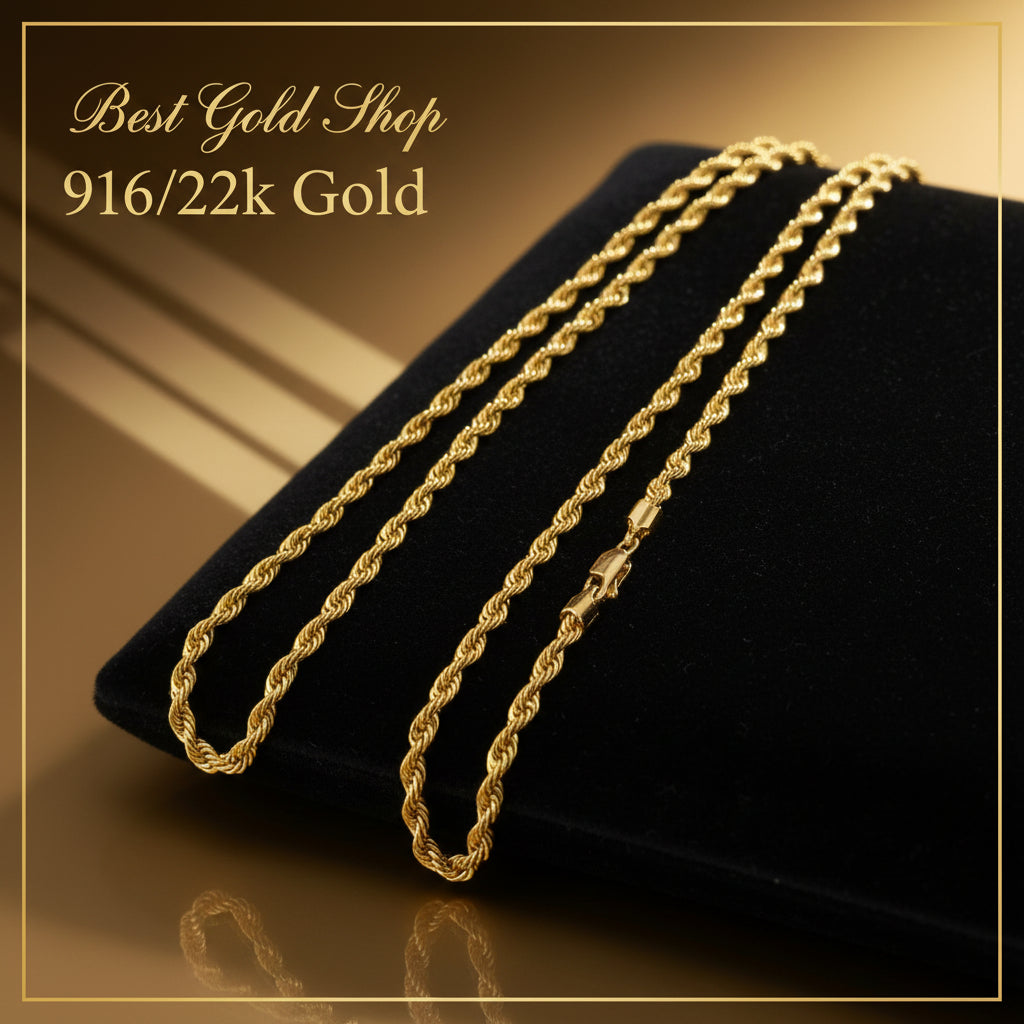 916 Gold Hollow Rope Necklace | Polished 22K Gold Design
