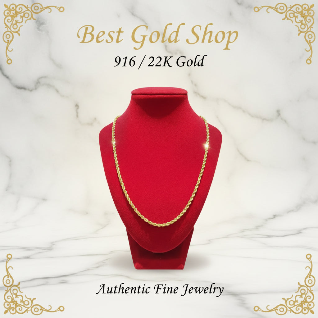 916 Gold Hollow Rope Necklace | Polished 22K Gold Design