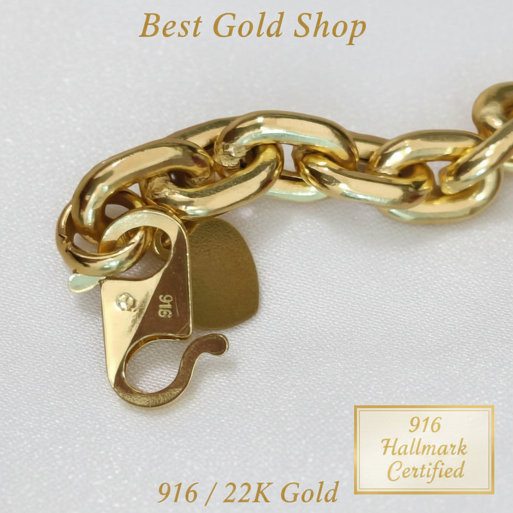 Full view of heavier 916 gold hollow Wanzi bracelet