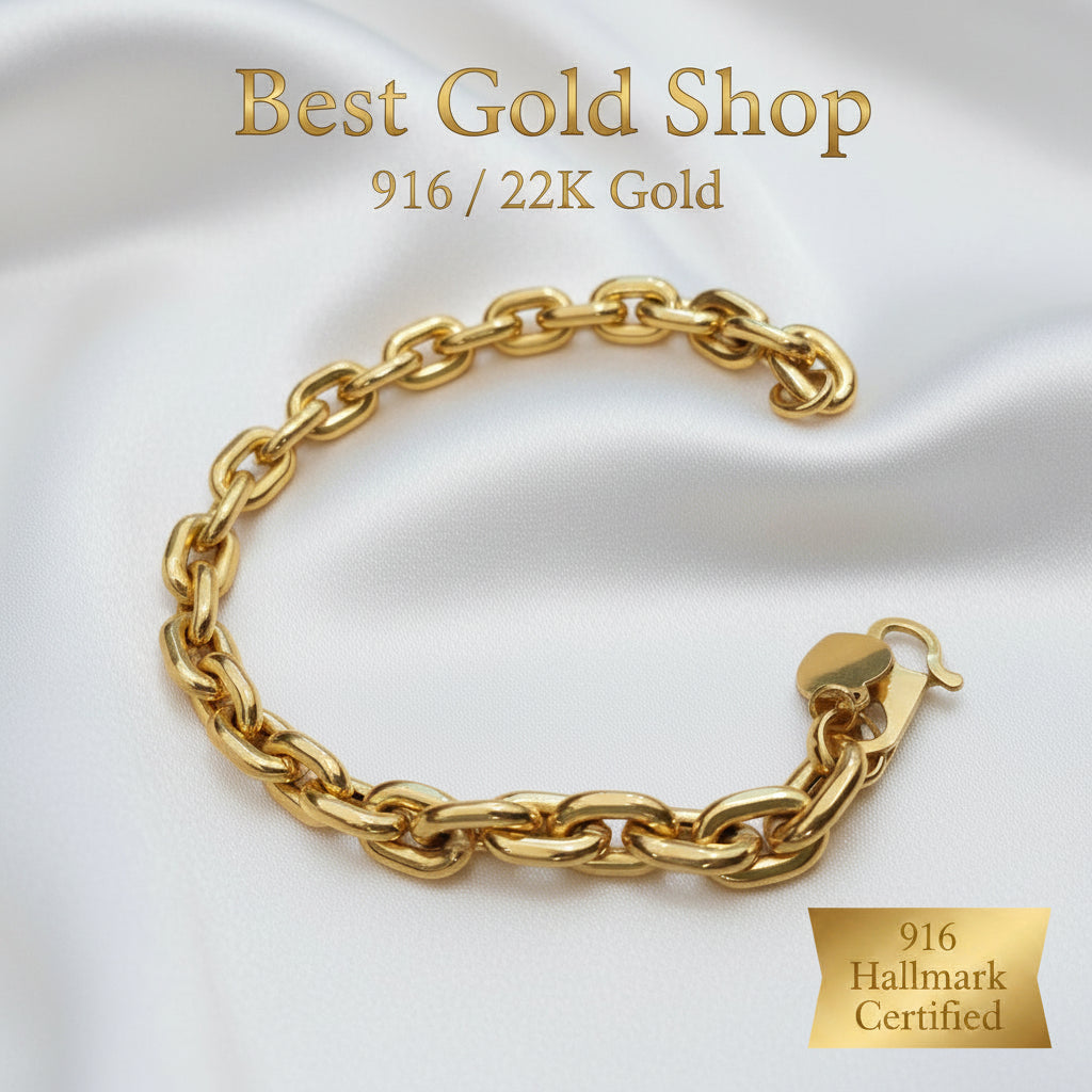 Side view of polished 916 gold hollow Wanzi bracelet