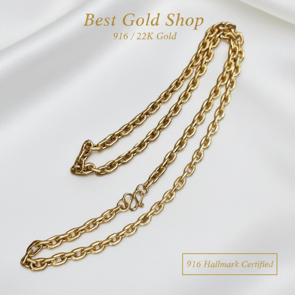 916 gold hollow Wanzi chain angled view