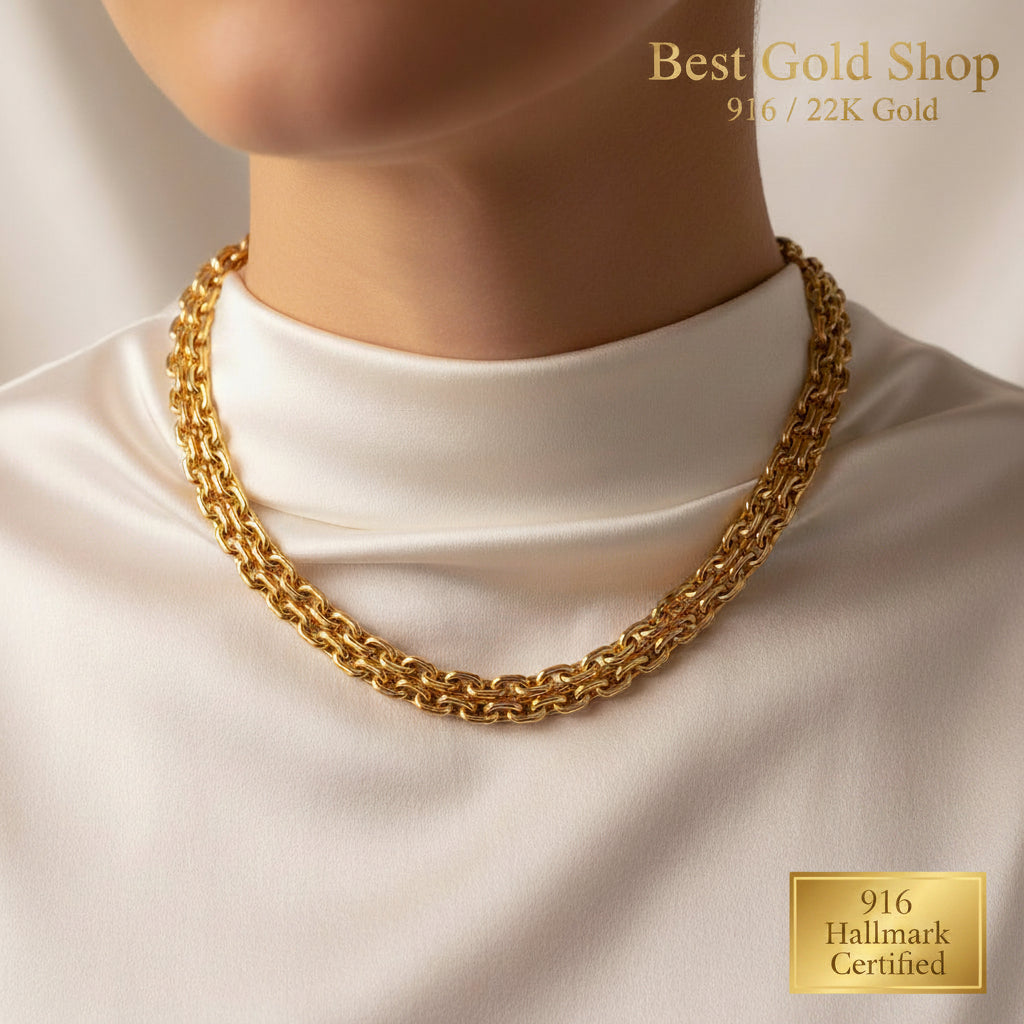 916 gold hollow Wanzi chain necklace with polished oval links