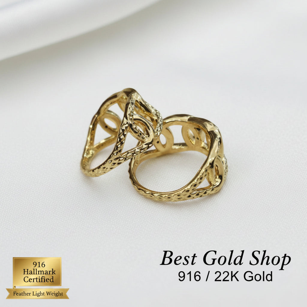 Full view of 916 gold interlock design ring
