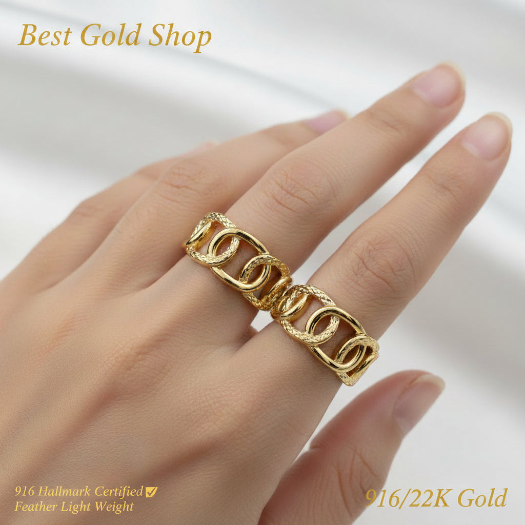 Profile view of feather-light 916 gold interlock ring