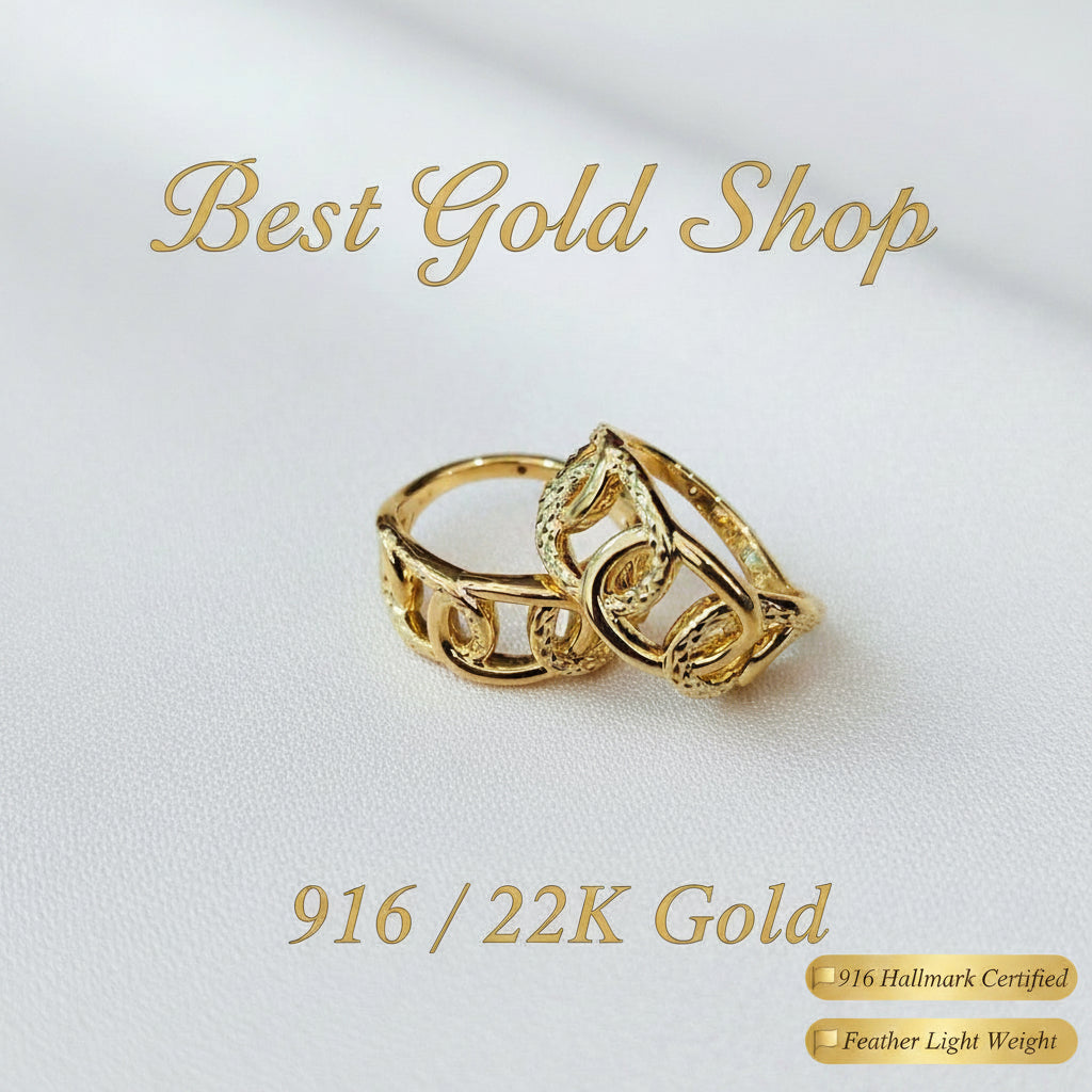 Side view of 916 gold interlock design ring